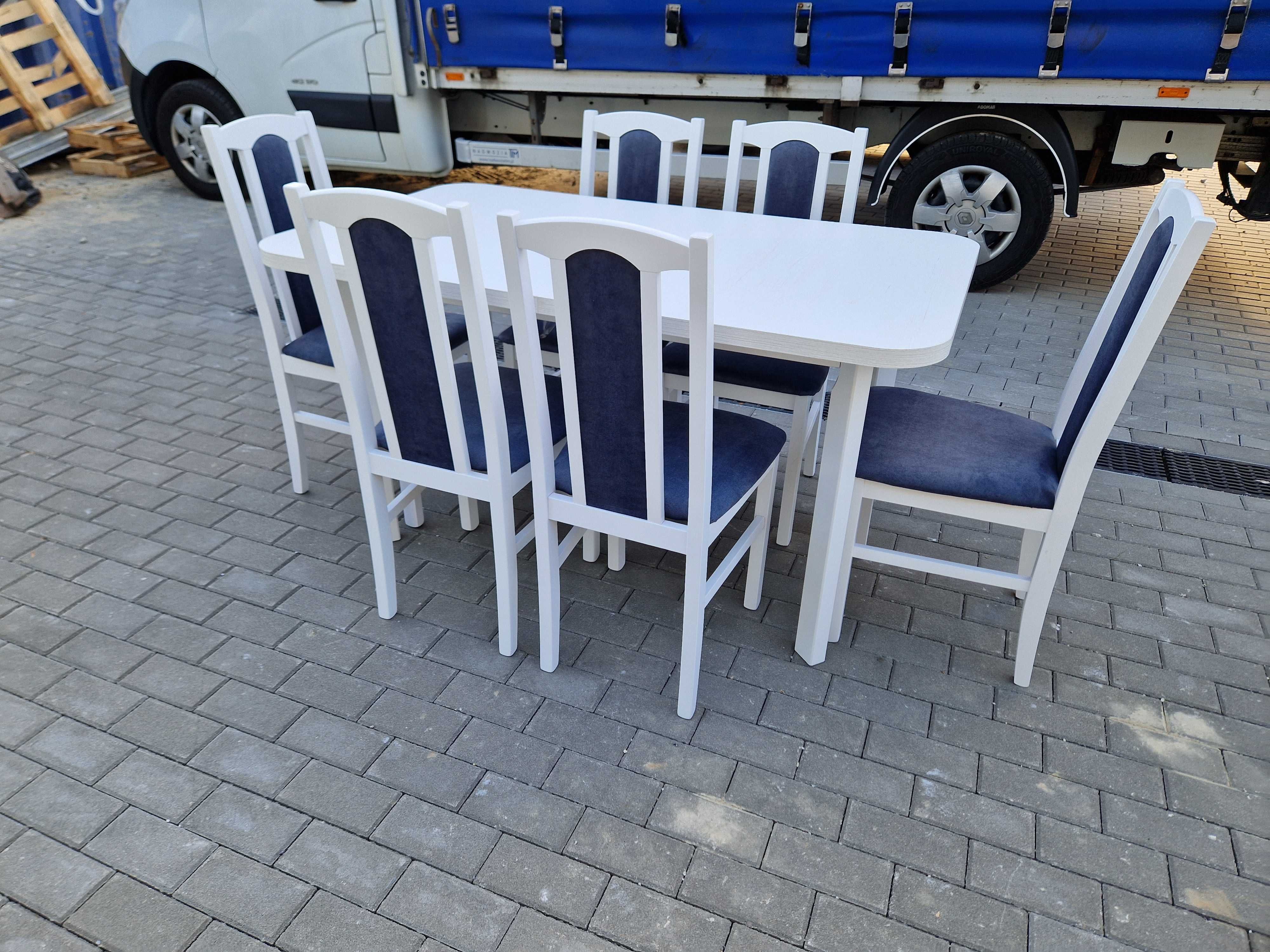 Nowe: Stół rozkładany + 6 krzeseł, biały + metaliczny granat , dostawa