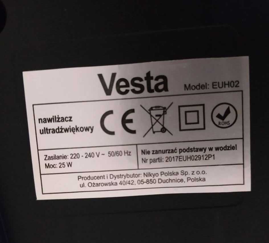 Nawilżacz powietrza ultradzwiękowy Vesta + miernik wilgotności