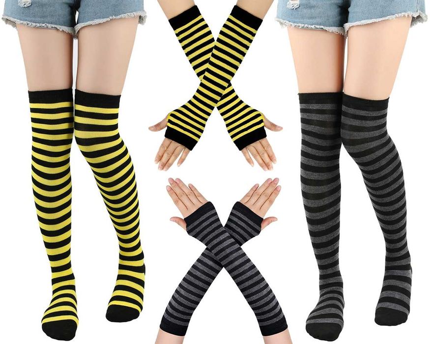 Набір мітенки і гольфи смугасті бавовняні чорно-фіолетові гетри білі