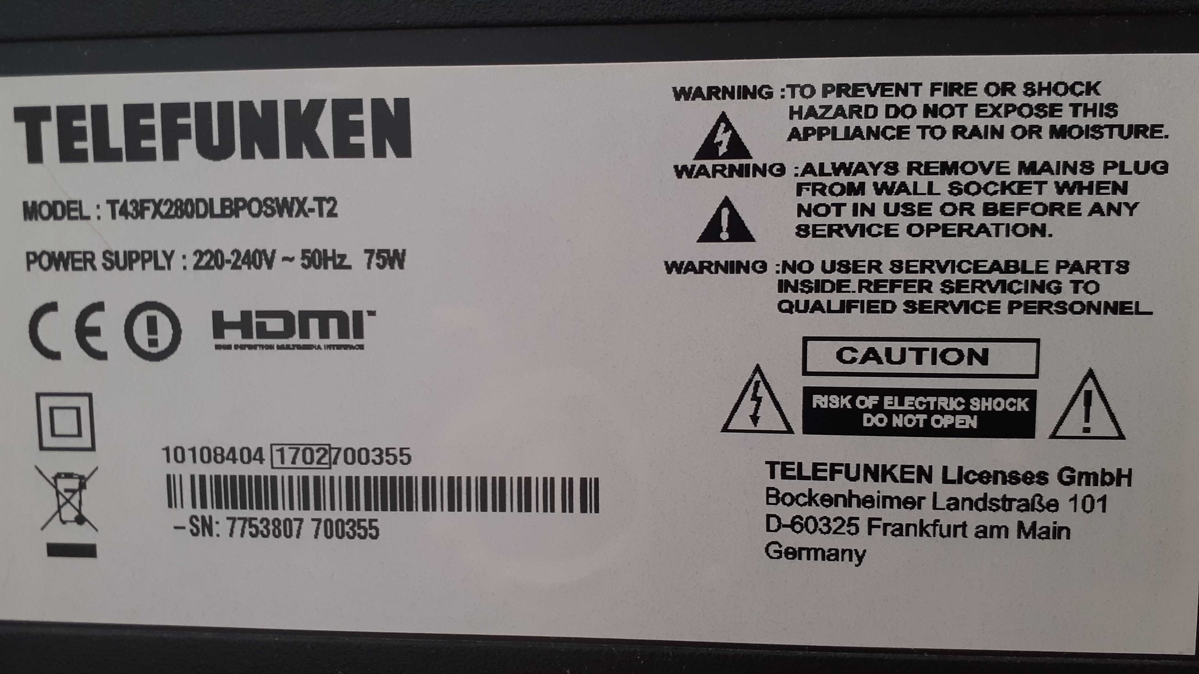 Telewizor SMART FullHD Telefunken 43" DVBT2/Hevc, HDMI, USB, EuroScart