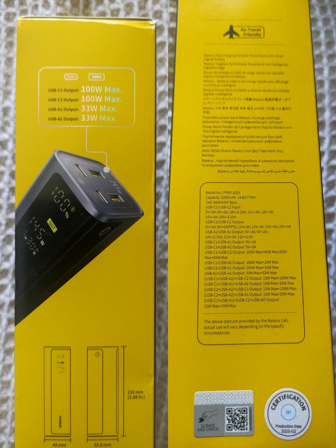 Baseus 145W Power Bank 20800mAh Dual USB A USB C PD 100W Fast Charging