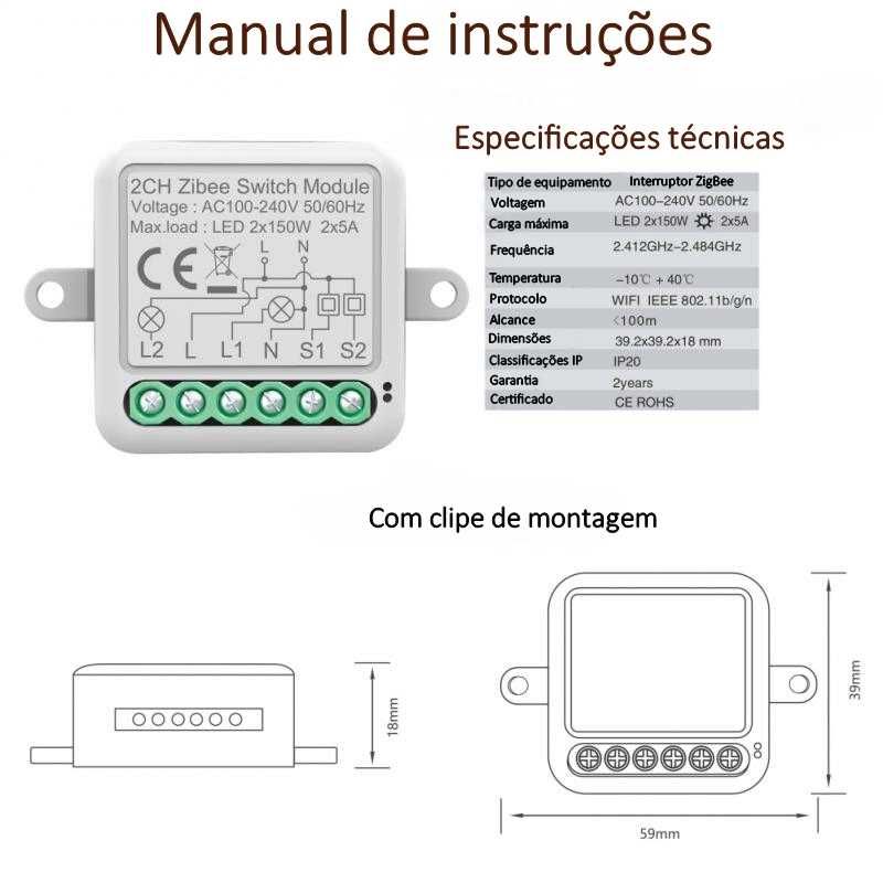 Interruptor / Tuya / ZigBee / 2 Canais / Controlo por voz e aplicação