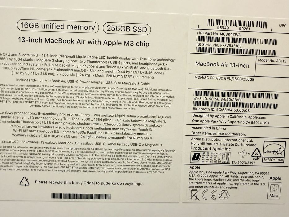 Apple Macbook Air M3 13" 16/256 GWARANCJA