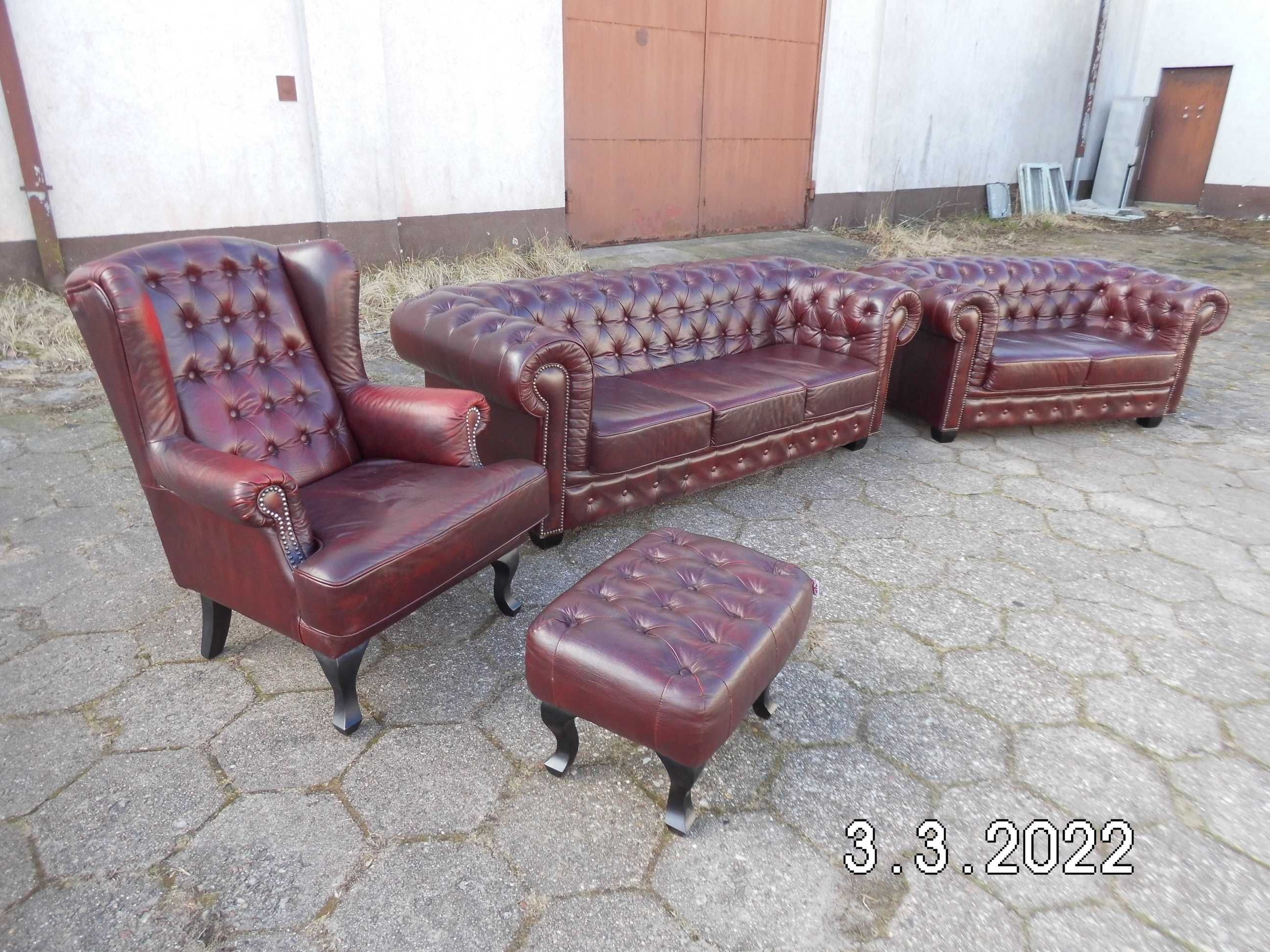 Chesterfield 3 2 i fotel z podnóżkiem w extra stanie Anglia !!