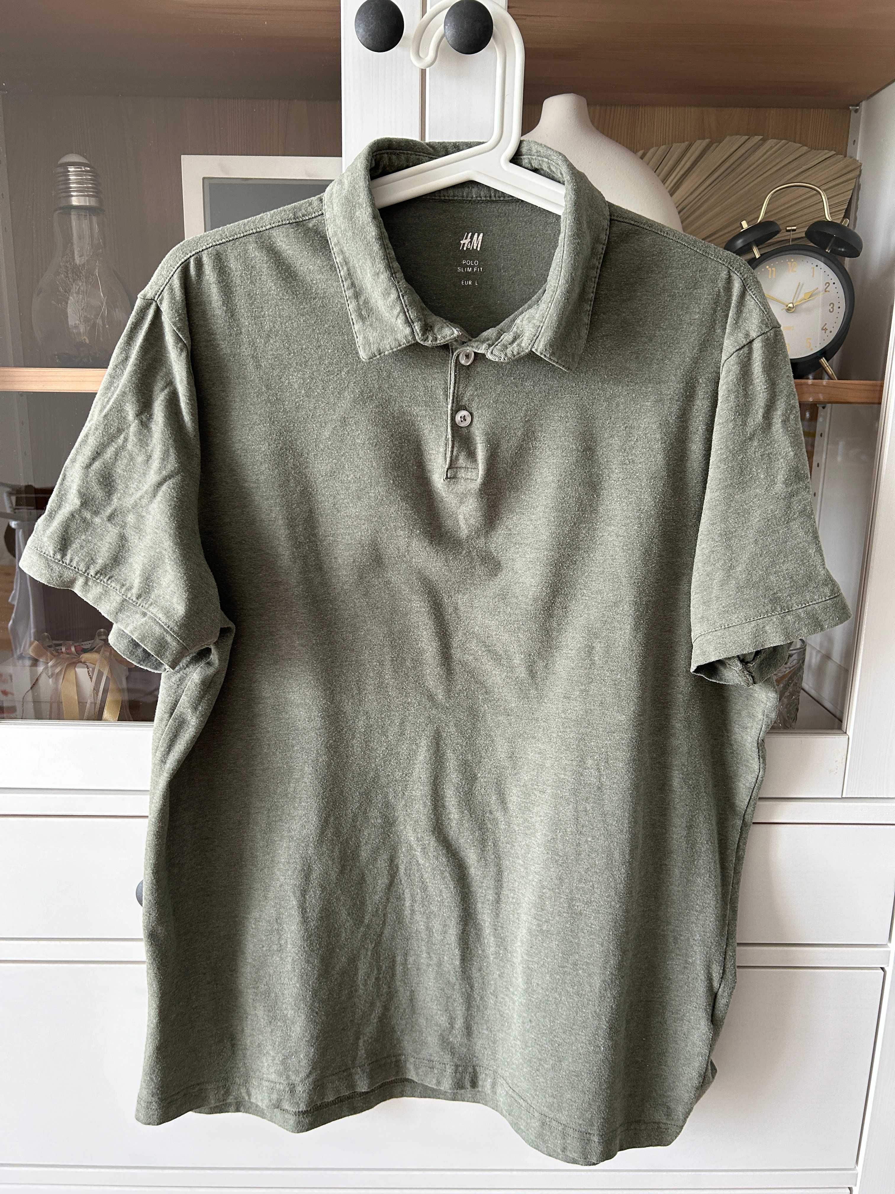 Koszulka polo slim fit L męska khaki zielona z kołnierzykiem H&M