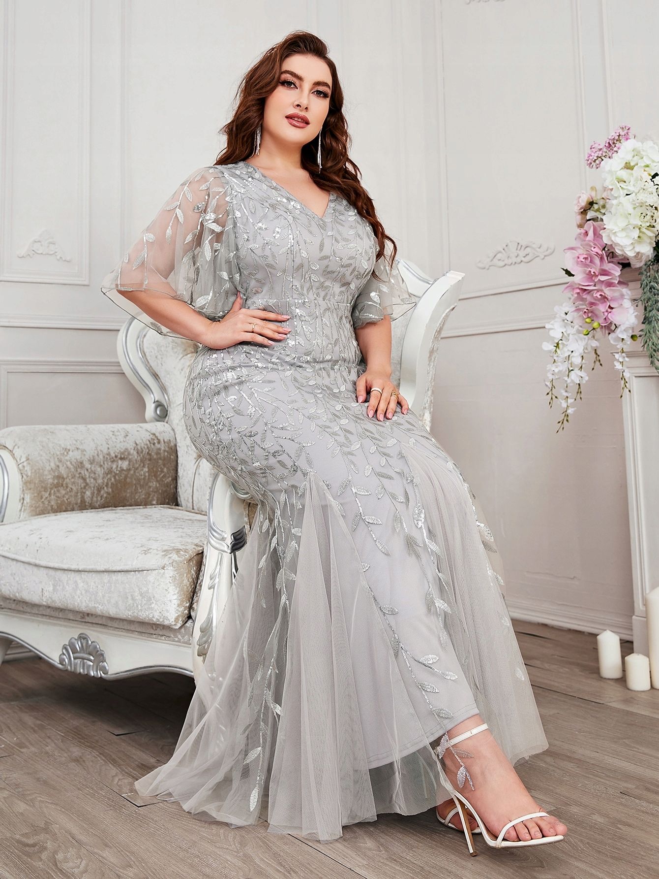 Sukienka Cekinowa Syrena W Roślinny Wzór Maxi Szara Shein 2Xl