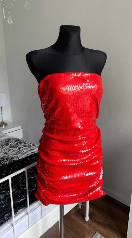Czerwona marszczona cekinowa sukienka sequin red bandeau 40 L 38 M