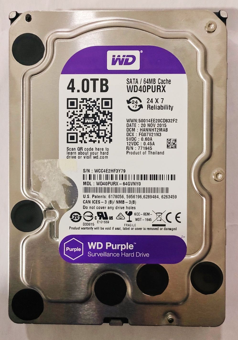 Disco rígido 3.5" 4TB Western Digital Purple, WD40PURX