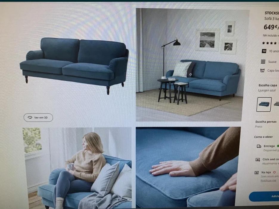 Sofá grande azul stocksund 3 lugares