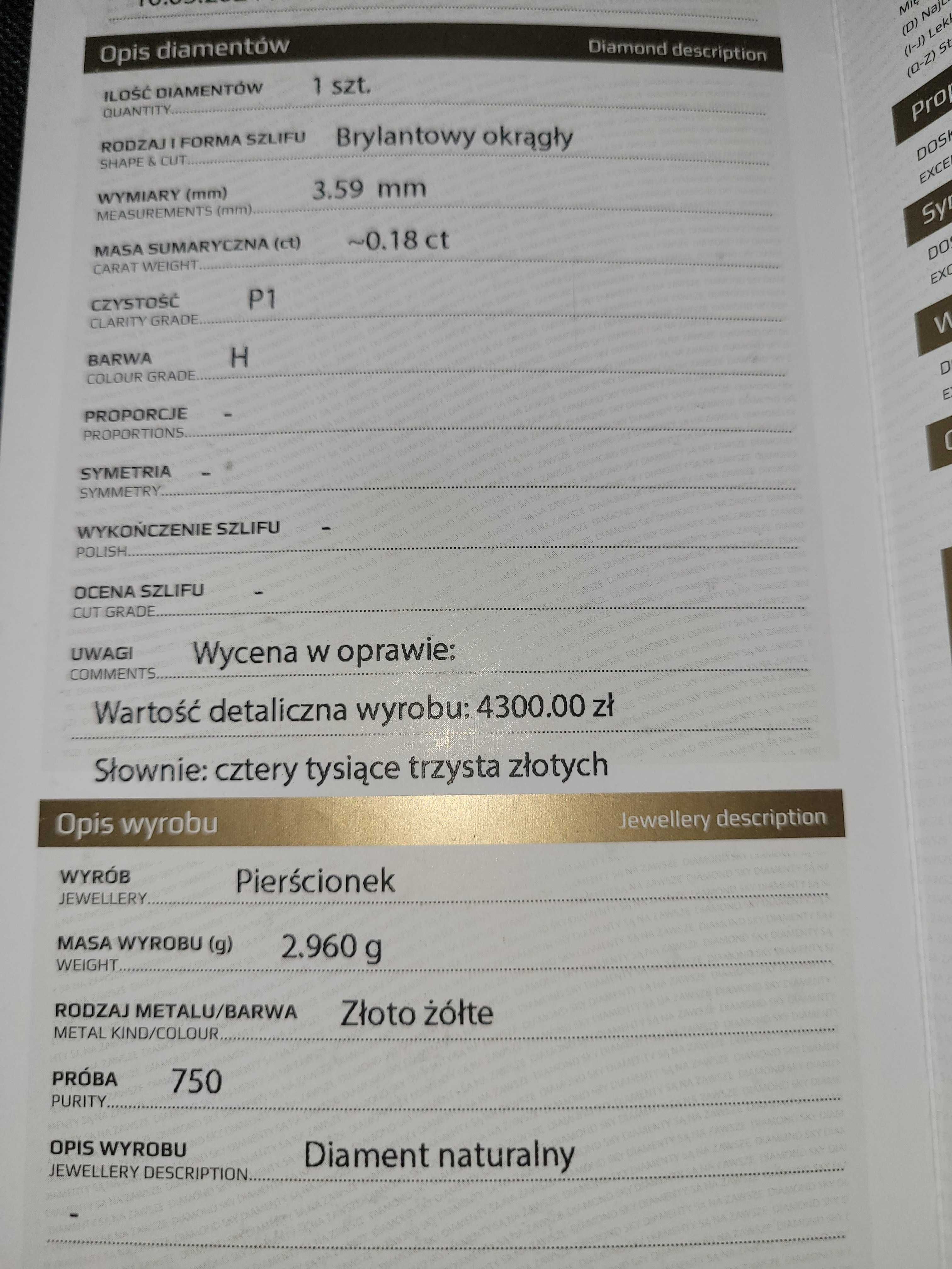 Złoty pierścionek z diamentem 0.18ct p.750 certyfikat -50% Skup złota