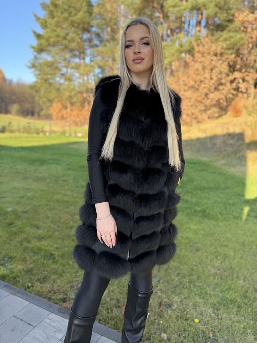 Kamizelka m/l z lisa czarnego naturalne futro damska długa rzędowa