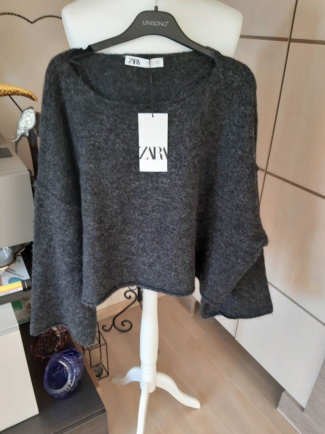 Sweter zara L oversize szary sweterek damski glamour surowy krótki tkm