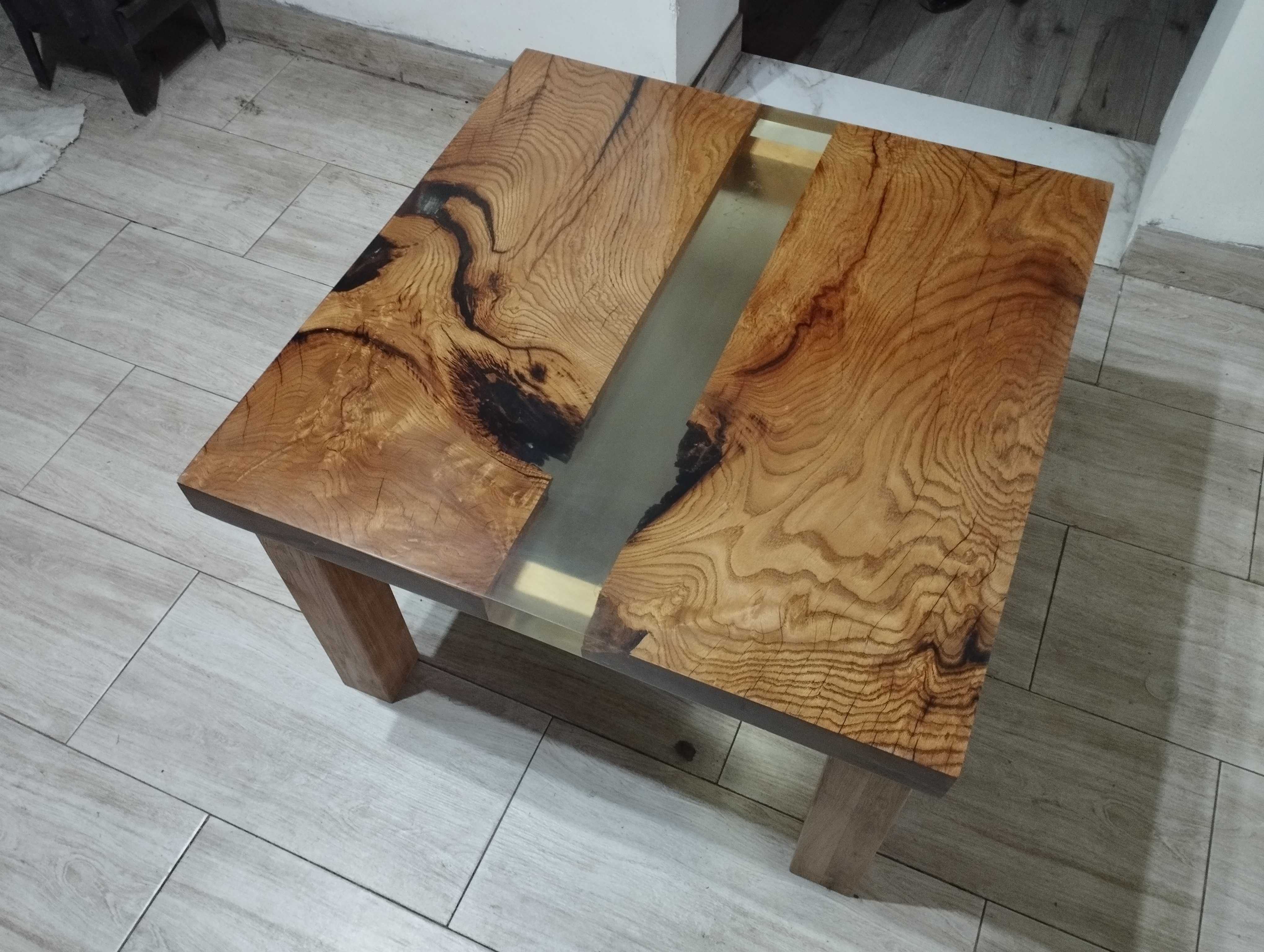Stół Stolik Kawowy Dębowy Naturalny Dąb ława 80x80 x50 Żywica Drewno