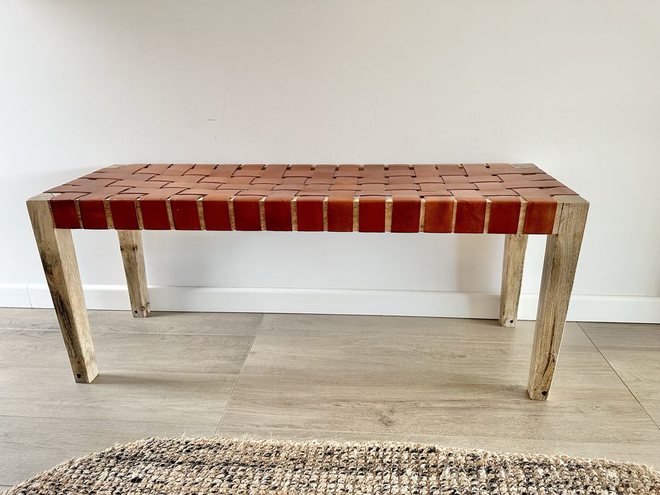 Ławka siedzisko do przedpokoju drewno mango i skóra boho 110x35x45
