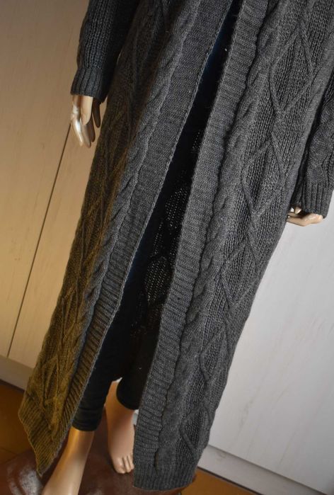 Sweter S M 36 kardigan długi z kapturem płaszcz niezapinany do kostek