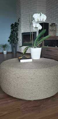 stolik kawowy okrągły  sznur jutowy z szybą