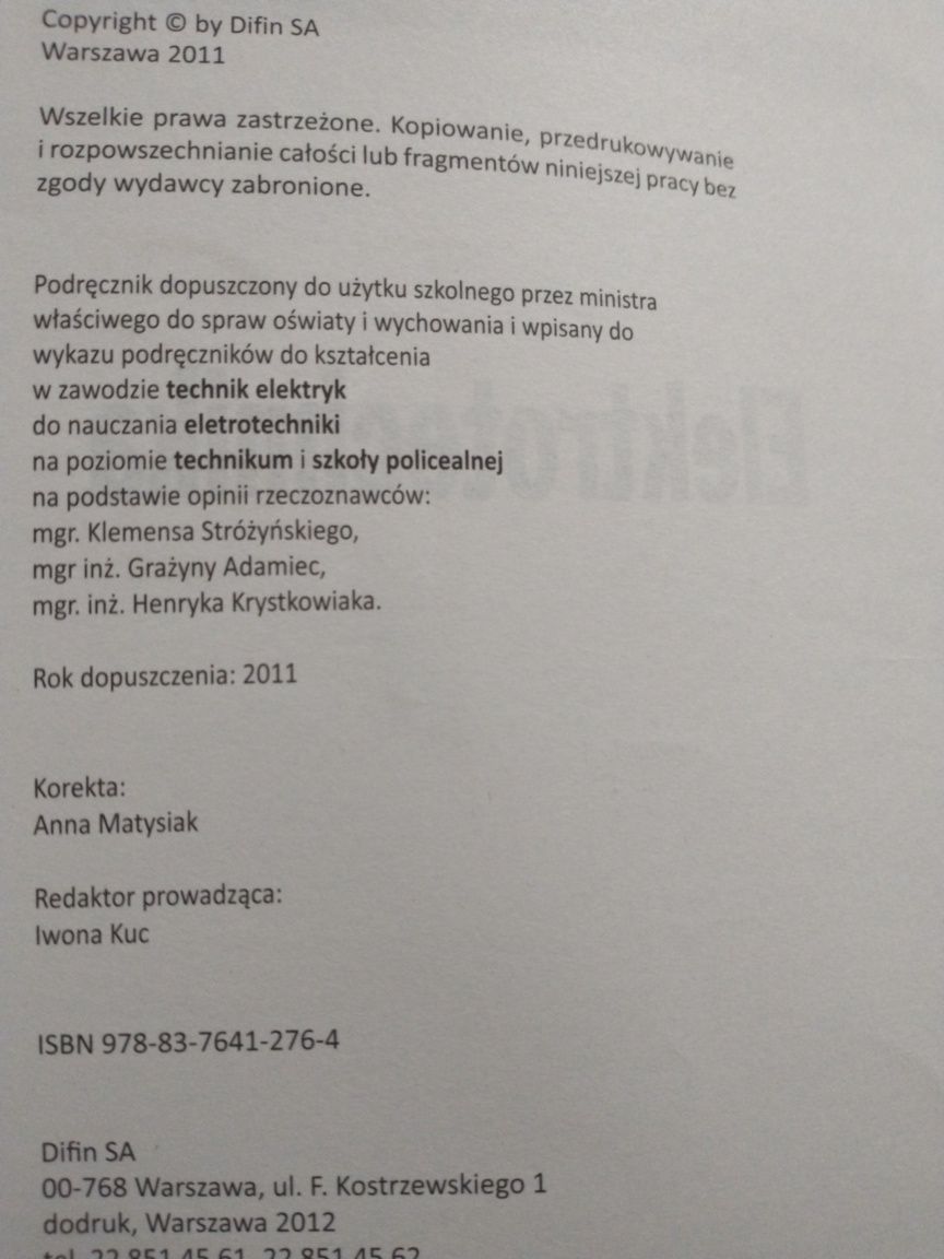Podręcznik Elektrotechnika.    Dla Technikum i szkoły policealnej.