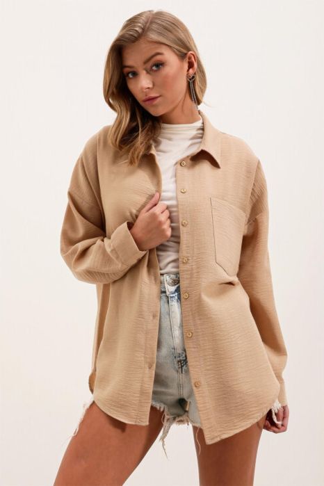 Koszula oversize z jedną kieszenią - beżowy XL