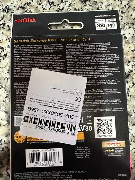 SanDisk Extreme PRO 256Gb SDXC UHS-I C10 200MB/s U3 V30 4K SD Card