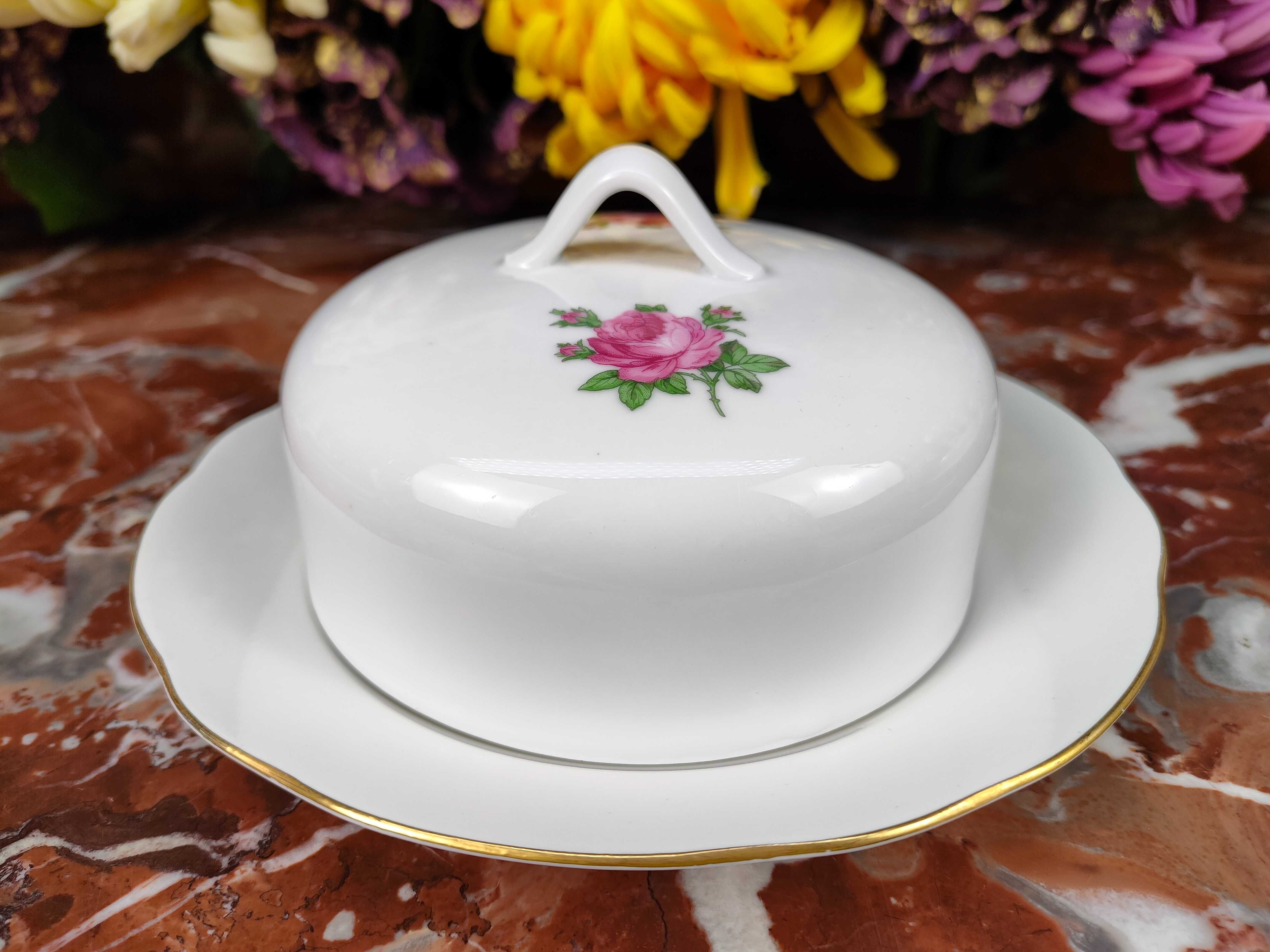 Ładna okrągła porcelanowa maselniczka - Różowe róże - Kahla #1