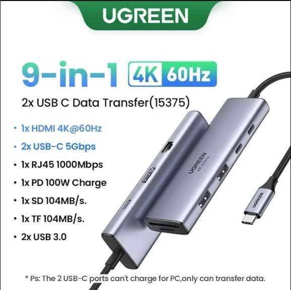 UGREEN hub 9 in 1 HDMI 4K 60Hz, Type C ,PD 100W, RJ45, USB-A, USB-C