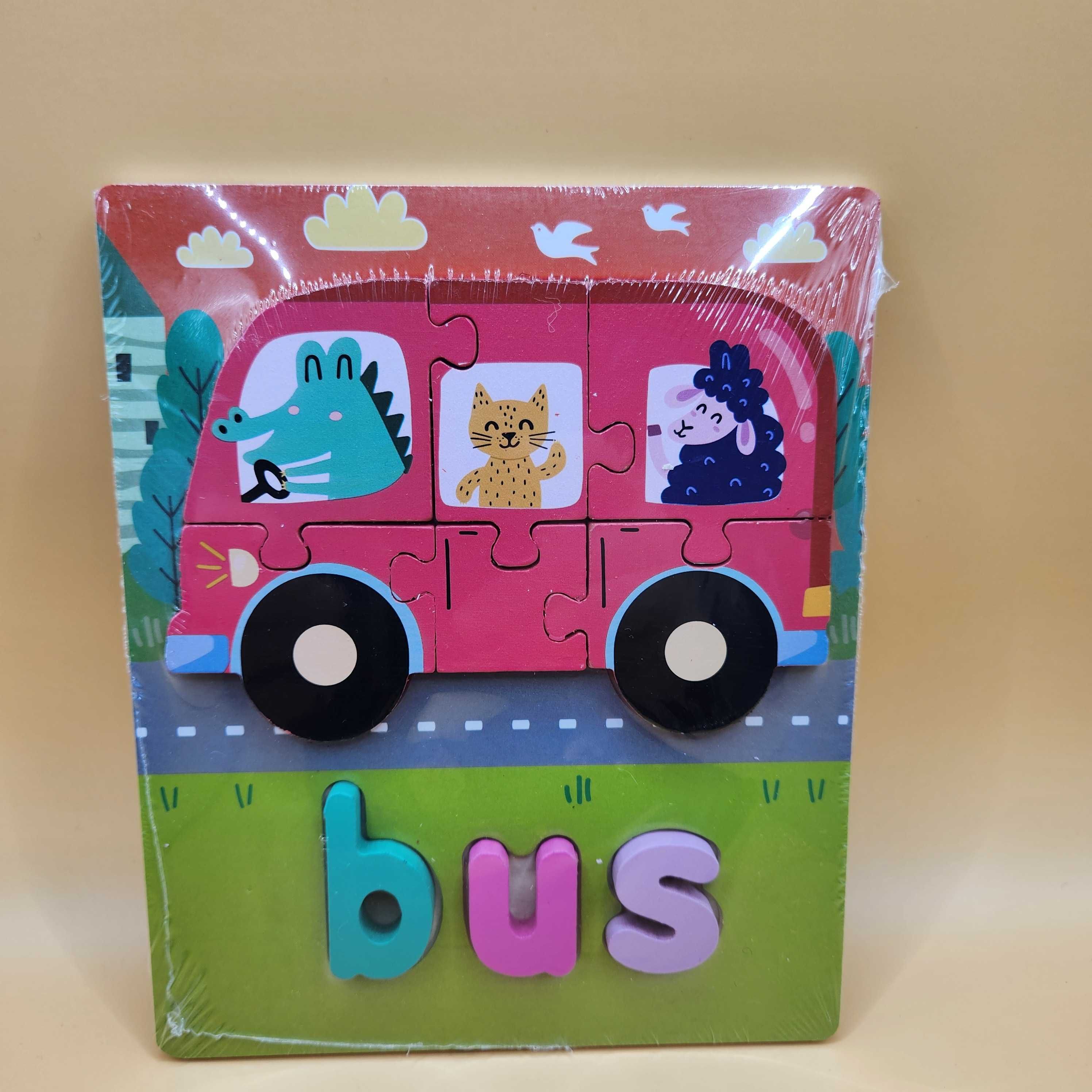 Puzzle Montessori drewniane klocki edukacyjne Panda, Shark, Bee, Bus