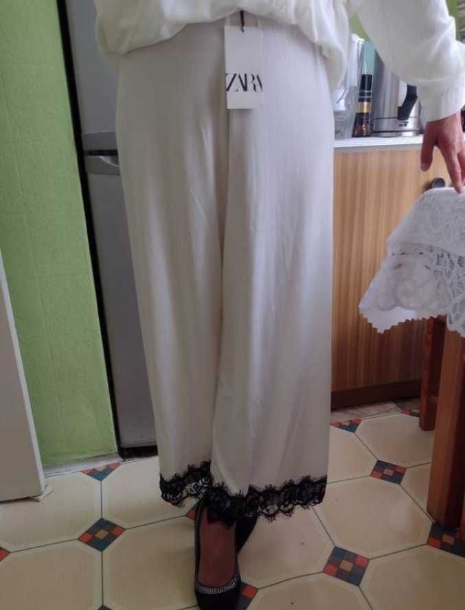 (40/L) ZARA/ Białe Spodnie wieczorowe z koronką z Madrytu, NOWE