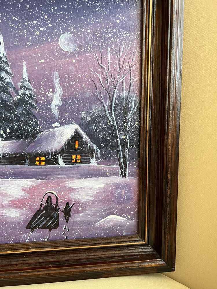 Картина "Зимова сніжна ніч" олія полотно українська хата