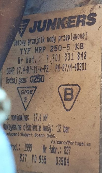 Części do pieca GAZOWEGO JUNKERS WRP250-5 KB