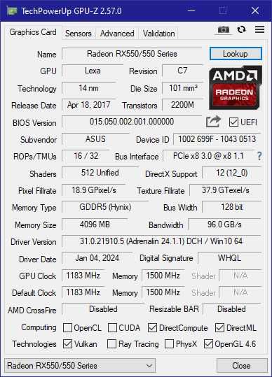 Видеокарта Asus Rx 550 4gb