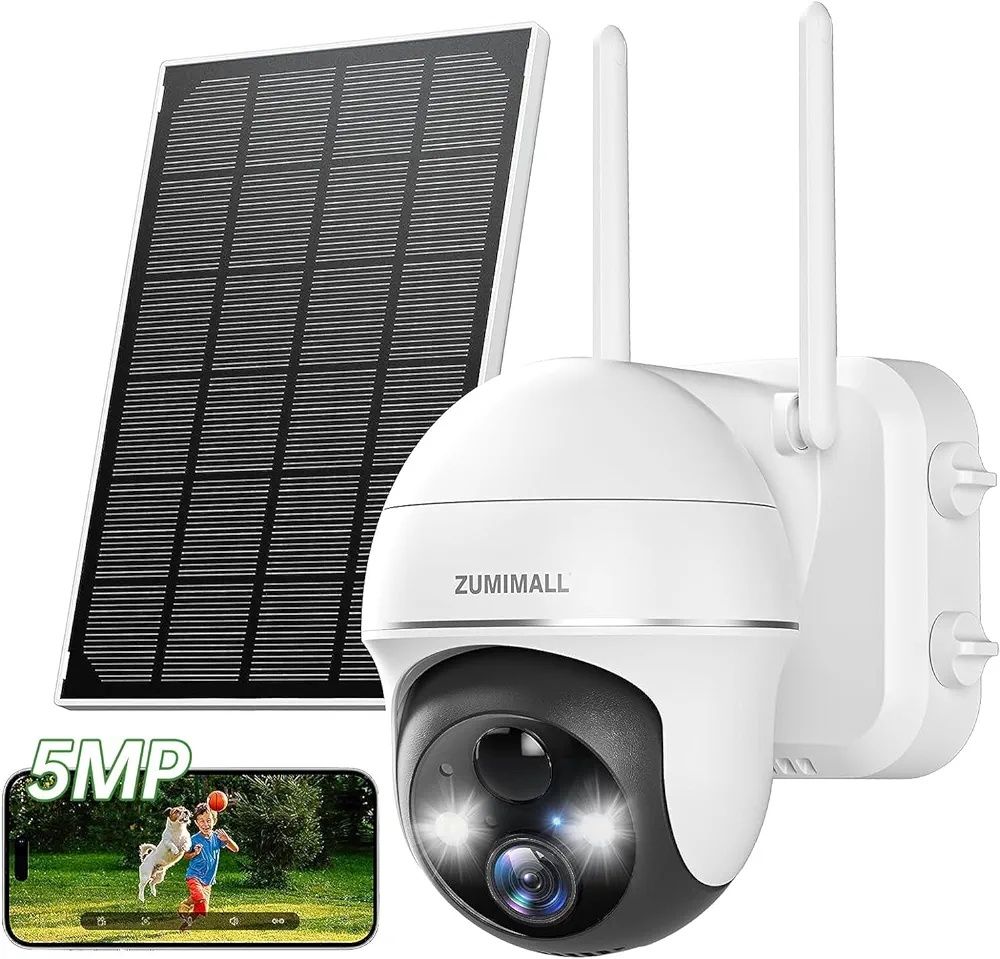 ZUMIMALL 5 MP Zewnętrzna Kamera Nadzoru WiFi, PTZ Solarna Kamera