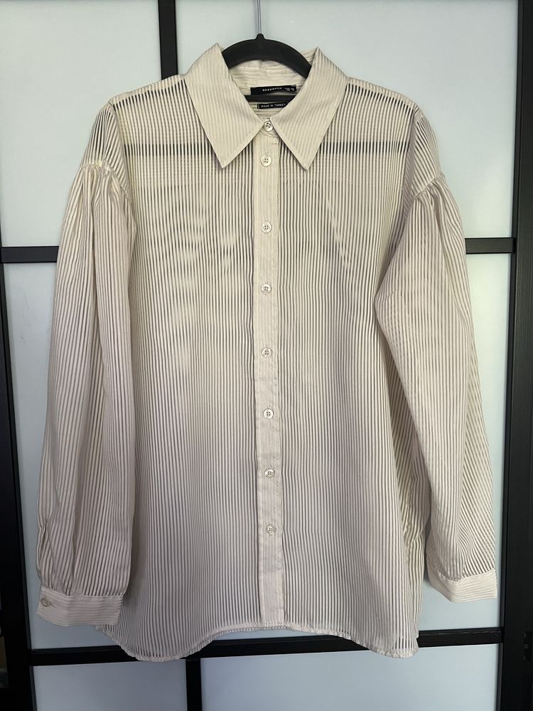 Reserved 36 Transparentna koszula w paski oversize beżowa kremowa S