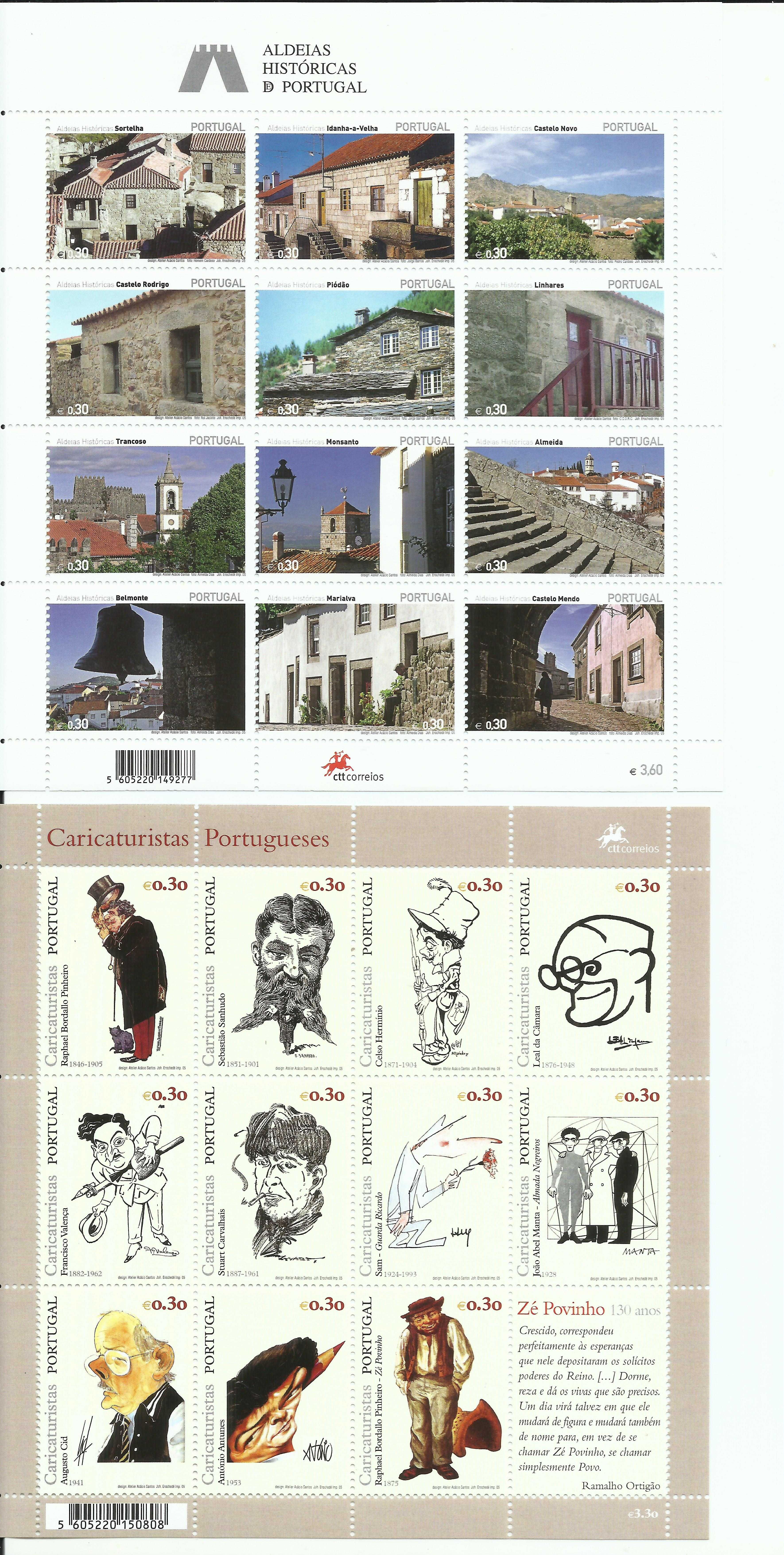 Selos portugueses – 2 folhas miniatura com 23 selos novos, 2005