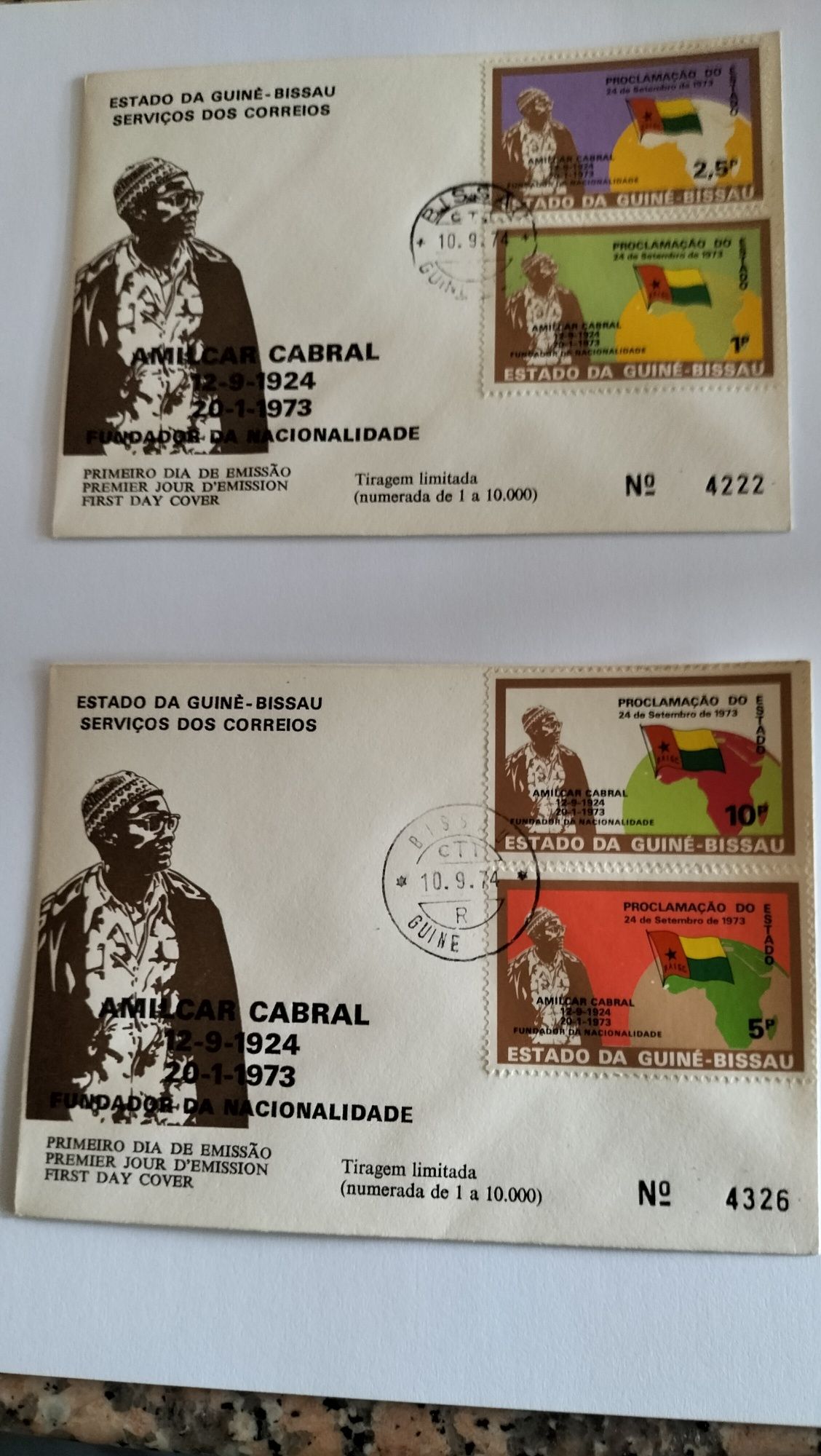 Envelope com foto de Amilcar Cabral com selos e carimbo com data