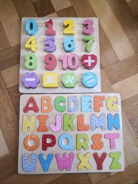 Zestawy drewnianych puzzli Literki i cyfry