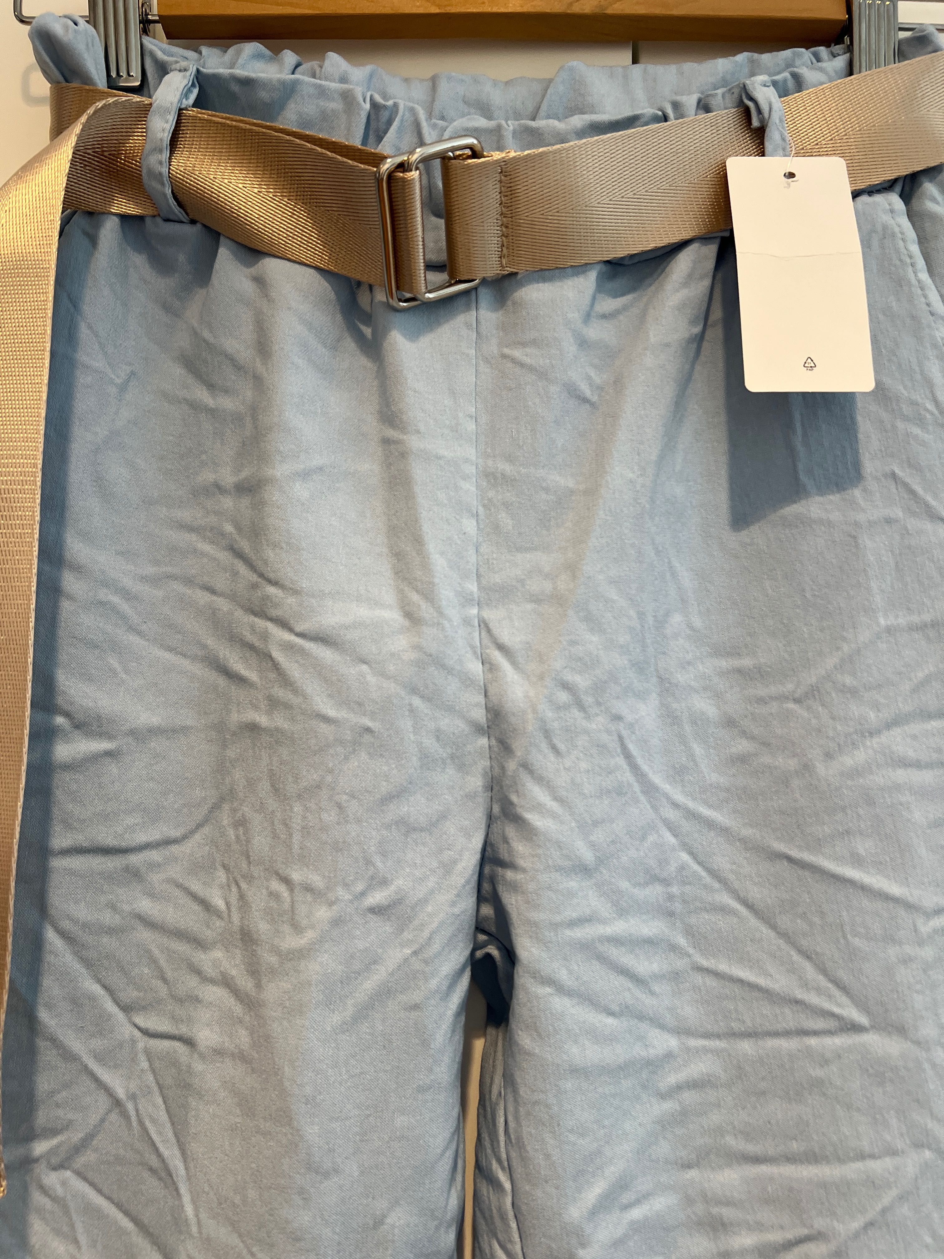 błękitne jasnoniebieskie spodnie z paskiem M L premium elastyczne