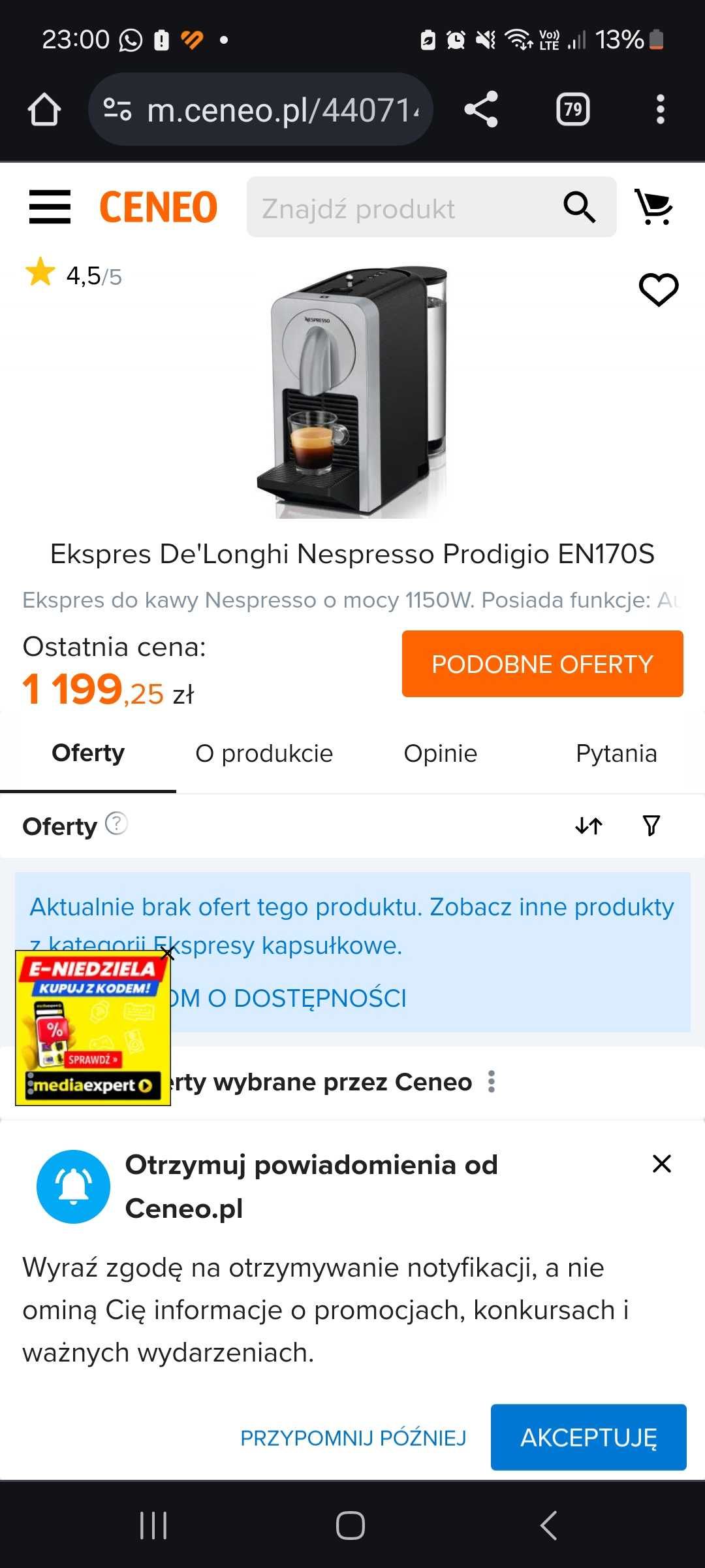 Ekspres delonghi nespresso en170s prodigio