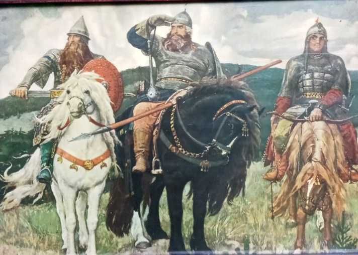 Винтаж Репродукция в раме времён СССР картины Васнецова Три богатыря