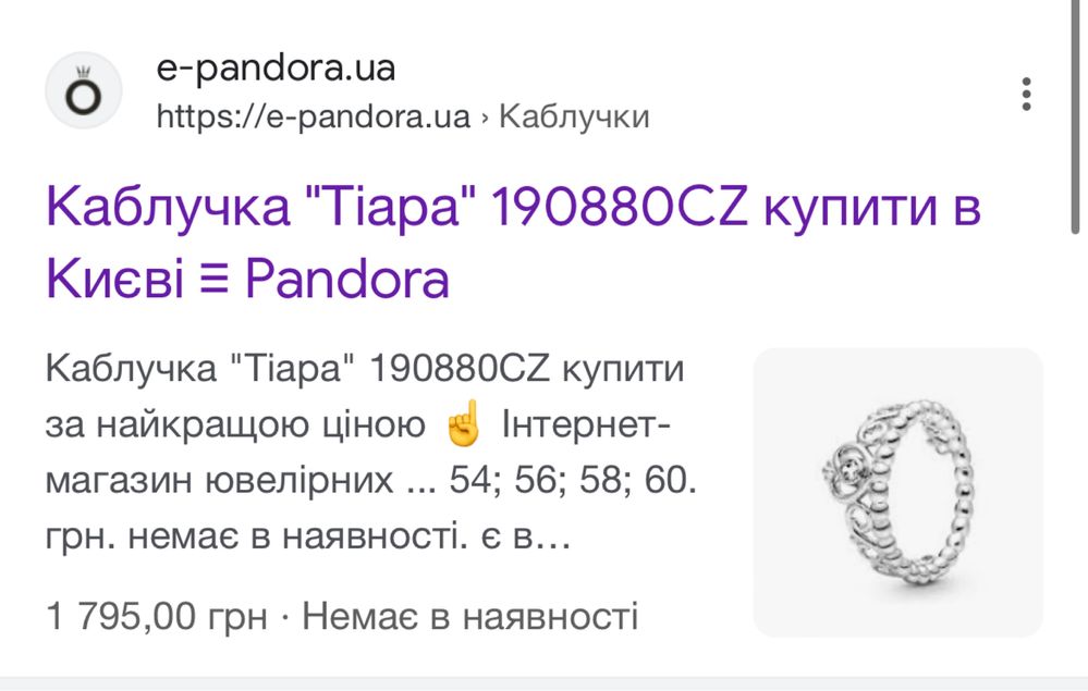 Срібна каблучка Pandora «Тіара» 925 корона