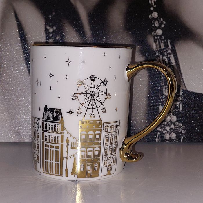 1zł Wysyłka Śliczny glamour kubek ceramiczny z motywem złotych domków