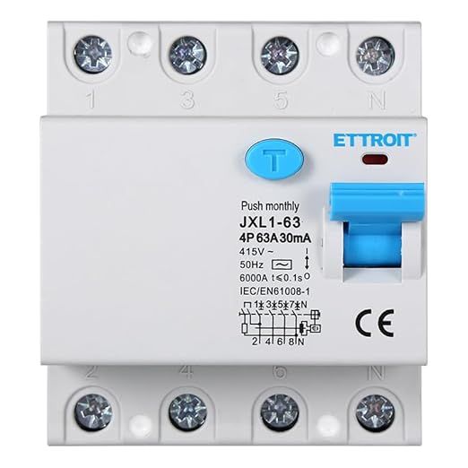 Czysty Przełącznik Różnicowy 4P 30mA 6kA 380V, DIN 4 moduły, C63 63A