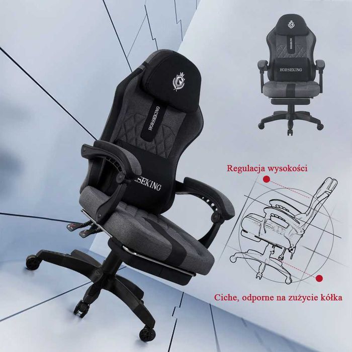 FOTEL GAMINGOWY HORSEKING Z podnóźkiem obrotowy do gry  szary czarny