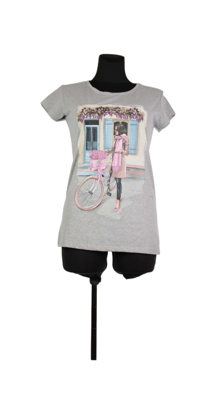Bluzka damska, krótki rękaw, kobieta z rowerem, szara, rozmiar L