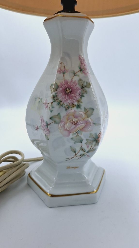 Lampa cudna Limoges porcelana biel i róż Vintage