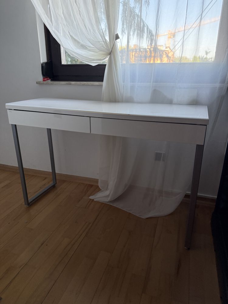 Biurko 120x40x77 cm biale, wysoki połysk ze szklanym blatem