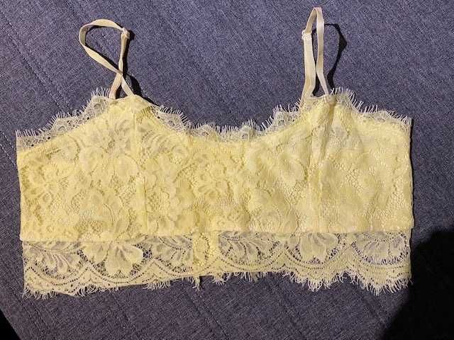 Żółty crop top z koronki, z zamkiem, S/M, NOWY