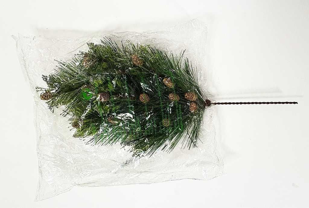 Bukiecik sztucznych kwiatów - zielona gałązka z szyszkami 55cm
