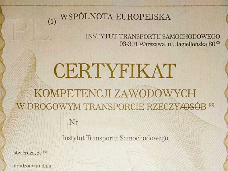 Certyfikat Kompetencji Zawodowych w Drogowym Transporcie Rzeczy