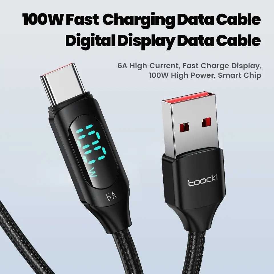 Kabel Ładowania 2m USB-C USB-A 100W LED - Toocki Przewód Oplot Czarny
