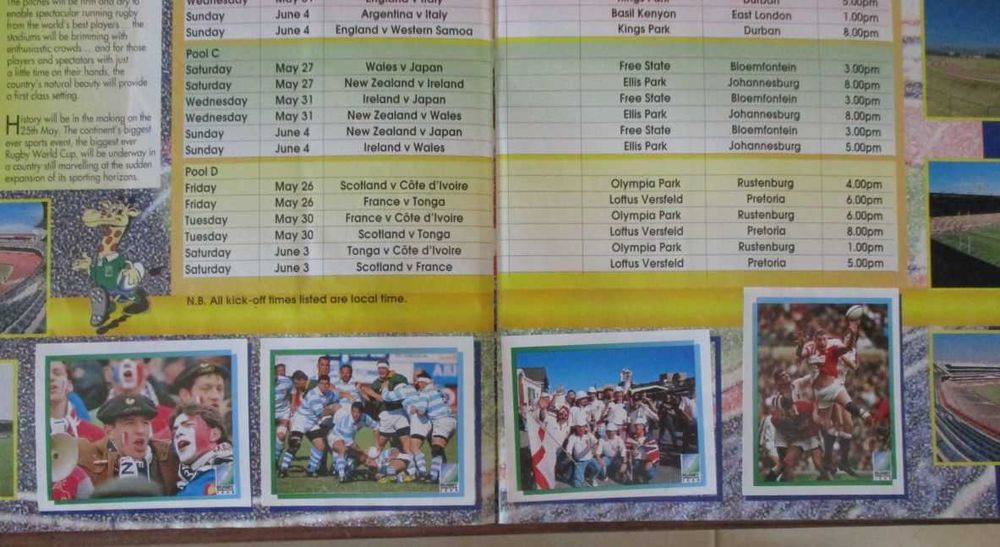 álbum Rugby World Cup 1995 - África do Sul - caderneta com 192 cromos